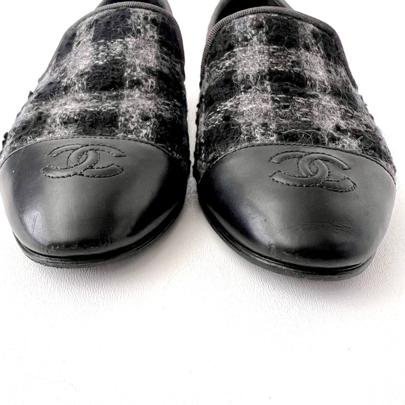 CHANEL | Tweed Cap Toe Loafers Flats CC Interlocking Logo Black Grey Plaid 36.5 - Picture 5 of 12